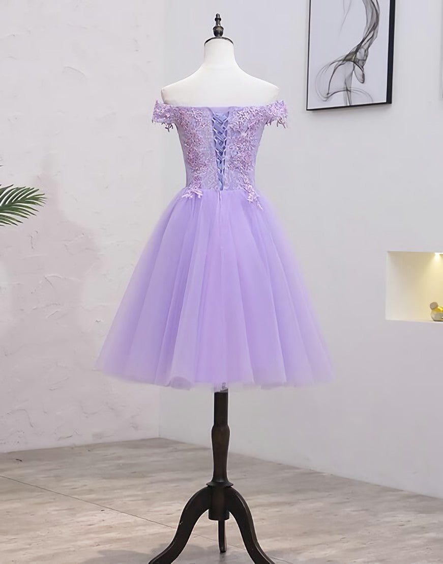 Prom Dresses Long Blue, Lavender Lace Shoulder Short Cocktail Dresses A-line