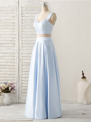 Party Dress Black, Light Blue Two Pieces Satin Long Prom Dress Simple Evening Dress