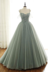 Prom Dress Sites, LIGHT GREEN TULLE LONG PROM DRESS, GREEN EVENING DRESS