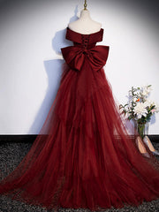 Party Dress Spring, Burgundy V-Neck Satin Long Prom Dress, Mermaid Off Shoulder Evening Dress with Bow