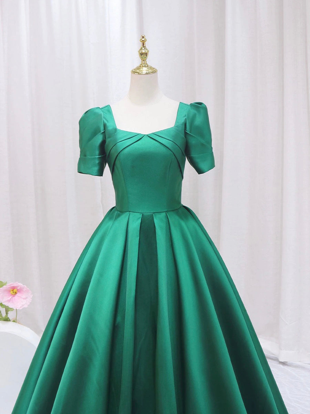 Bridesmaid Dress Colors, Green Satin Floor Length Prom Dress, Green Short Sleeve Evening Dress