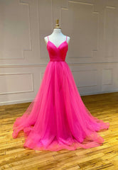 Formal Dresses For 26 Year Olds, Simple V-Neck Tulle Long Prom Dresses, A-Line Evening Dresses