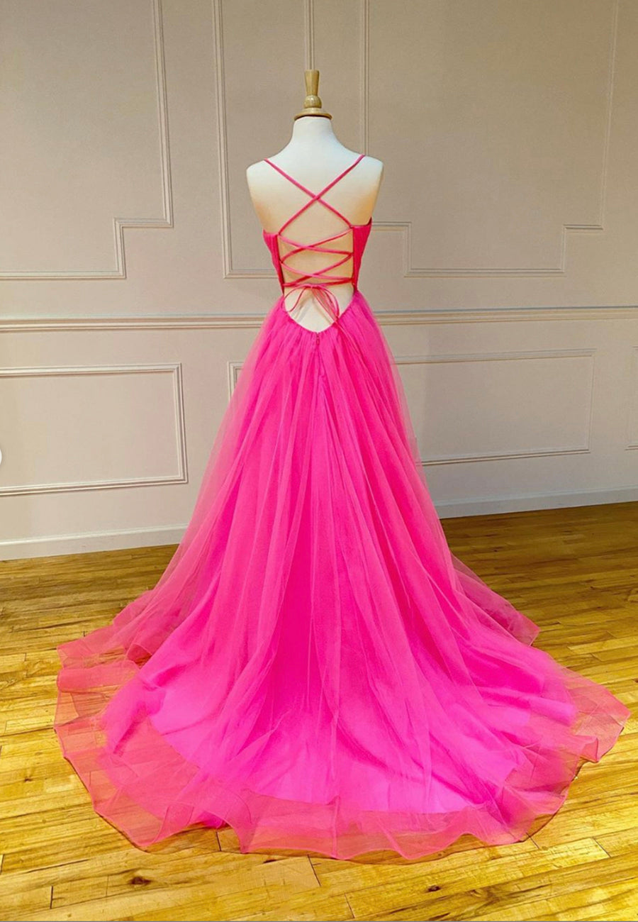 Formal Dresses For Wedding Guests, Simple V-Neck Tulle Long Prom Dresses, A-Line Evening Dresses