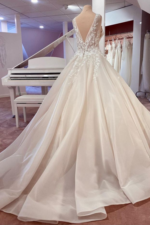 Wedding Dress Summer, Long A-Line Sweetheart Appliques Lace Backless Wedding Dress