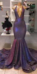 Princess Prom Dress, Long Mermaid Halter Sequins Formal Prom Dresses