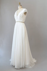 Wedding Dresses Back, Long Sheath V-neck Lace Chiffon Wedding Dress with Cap Sleeves