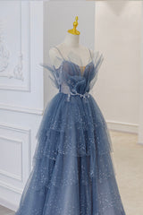 Formal Dresses Cocktail, Blue Tulle Layers Straps Beaded Long Prom Dresses, A-Line Evening Dresses