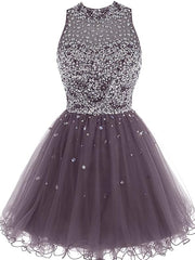 Party Dress Open Back, Lovely Beaded Tulle Homecoming Dress, Short Prom Dress