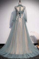 Evening Dresses Yde, Lovely Long Sleeves Tulle Prom Dress with Flowers, Unique Long Prom Dress with  Lace Applique