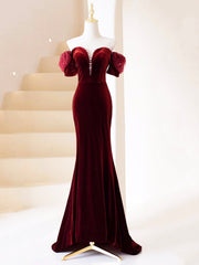 Party Dresses Ideas, Burgundy Velvet Long Prom Dress, Mermaid Off Shoulder Evening Party Dress