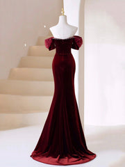 Party Dress A Line, Burgundy Velvet Long Prom Dress, Mermaid Off Shoulder Evening Party Dress