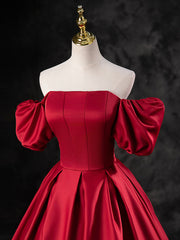 Night Out Outfit, Burgundy Satin Off the Shoulder Formal Dress, A-Line Burgundy Evening Dress