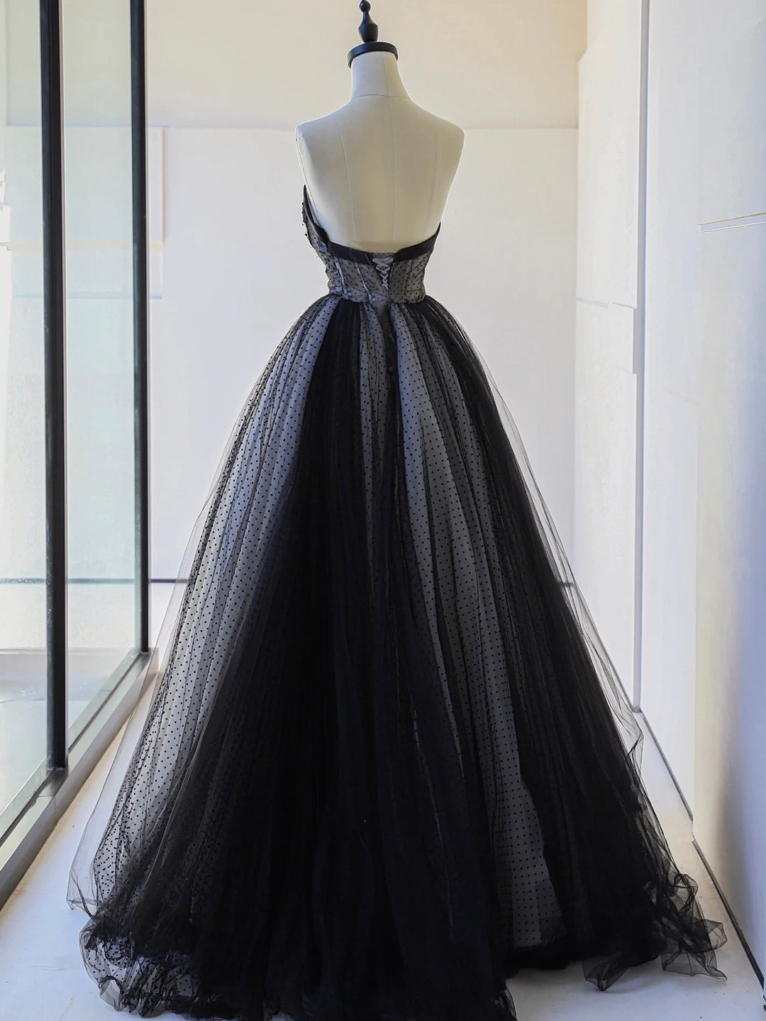 Prom Dresses Dress, Black Strapless Tulle Lace Long Prom Dress, Black A-Line Sweetheart Neck Evening Party Dress