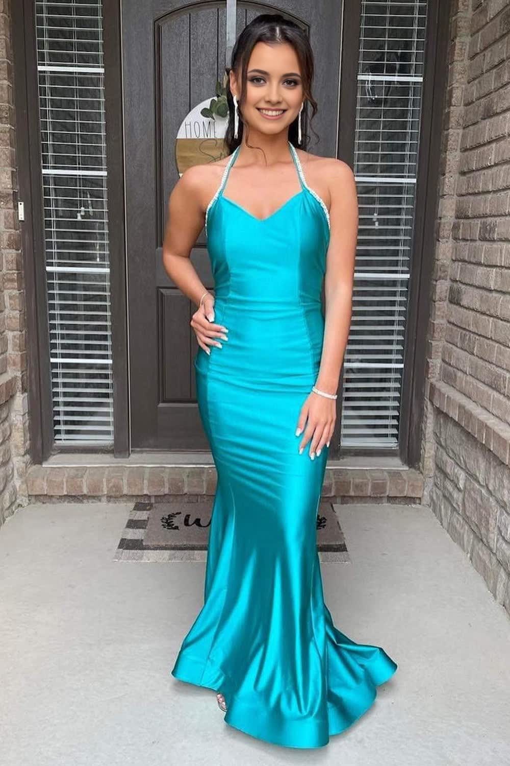 Mermaid Halter Neck Peacock Green Long Prom Dress with Backless