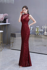 Bridesmaid Dress Sleeveless, Mermaid Halter Sleeveless See-Through Sequins Floor Length Prom Dresses