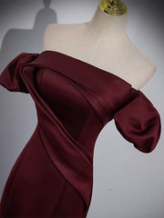 Formal Dress On Sale, Mermaid off Shoulder Satin Burgundy Long Prom Dress, Burgundy Formal Dress