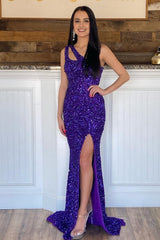 Mermaid One Shoulder Dark Purple Sequins Long Prom Dress