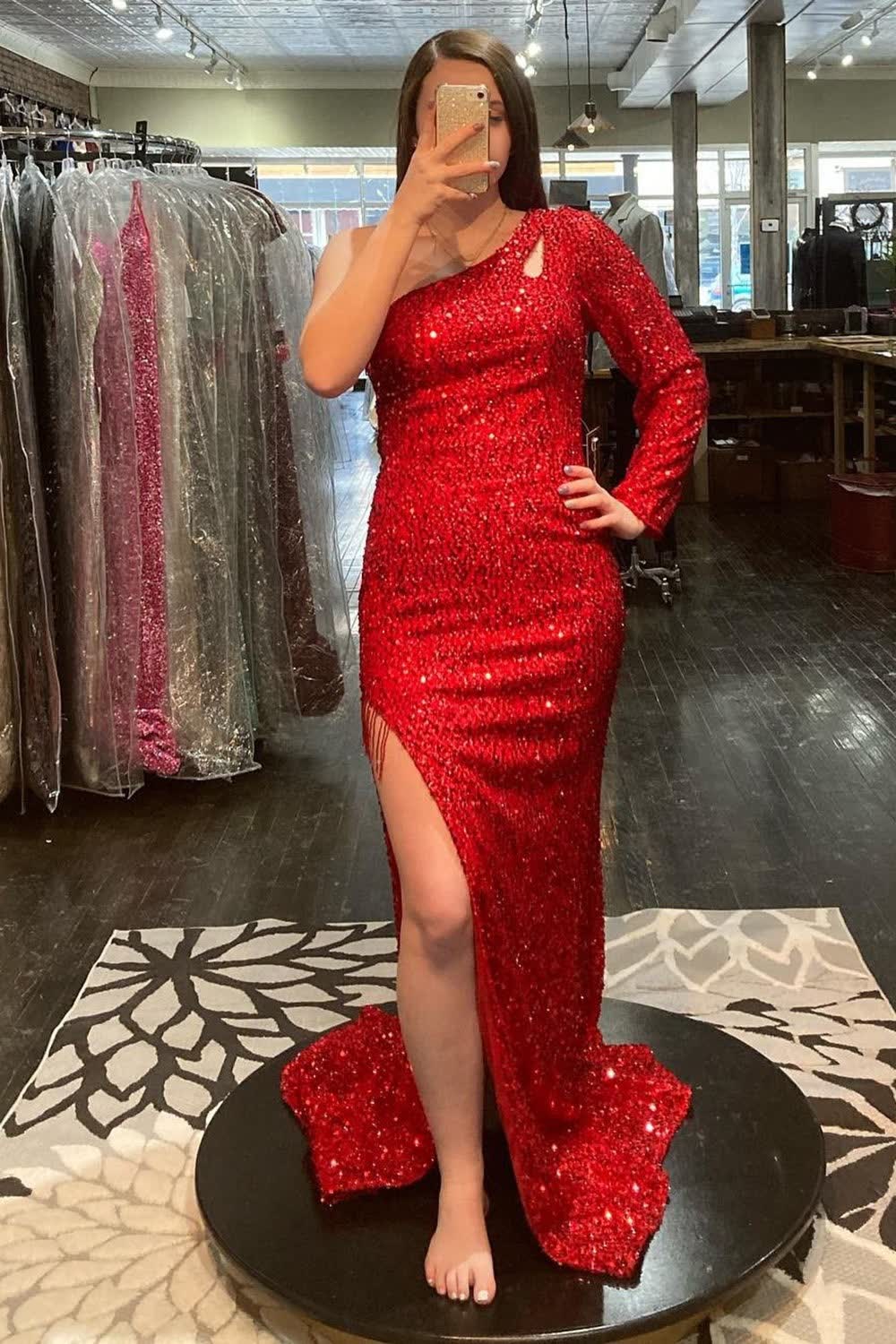 Mermaid One Shoulder Red Sequins Long Prom Dress with Silt