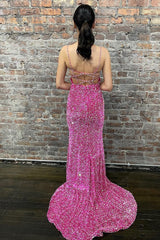 Mermaid Spaghetti Straps Hot Pink Backless Long Prom Dress