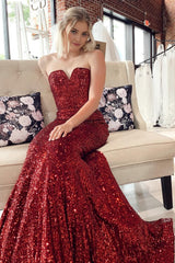 Mermaid Sweetheart Burgundy Sequins Long Prom Dress with Sweep Train