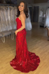 Mermaid Sweetheart Sparkly Red Sequins Long Prom Dress