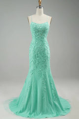 Mint Spaghetti Straps Appliques Prom Dress