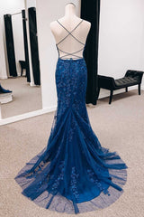 Bridesmaid Dress Designer, Navy Appliques Lace-Up Back Mermaid Long Formal Dress with Slit,Unique Prom Dresses