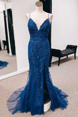 Bridesmaid Dresses Designs, Navy Appliques Lace-Up Back Mermaid Long Formal Dress with Slit,Unique Prom Dresses