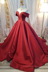 Flower Girl Dress, Off Shoulder Burgundy Satin Long Prom Dress, V Neck Burgundy Formal Evening Dress, Burgundy Ball Gown