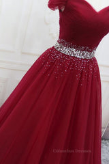 Evening Dress For Weddings, Off Shoulder Burgundy Tulle Long Prom Dresses with Sequins, Burgundy Tulle Formal Evening Dresses