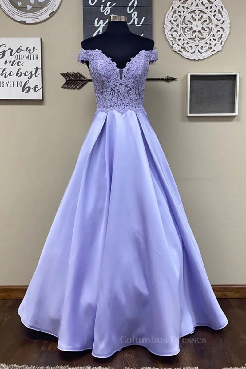 Evening Dress Shops Near Me, Off Shoulder Purple Lace Long Prom Dress, Off Shoulder Purple Formal Dress, Purple Lace Evening Dress