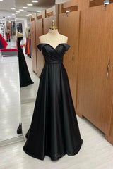 Prom Dress Long Blue, Off the Shoulder Black Satin Long Prom Dresses, Black Off Shoulder Formal Evening Dresses