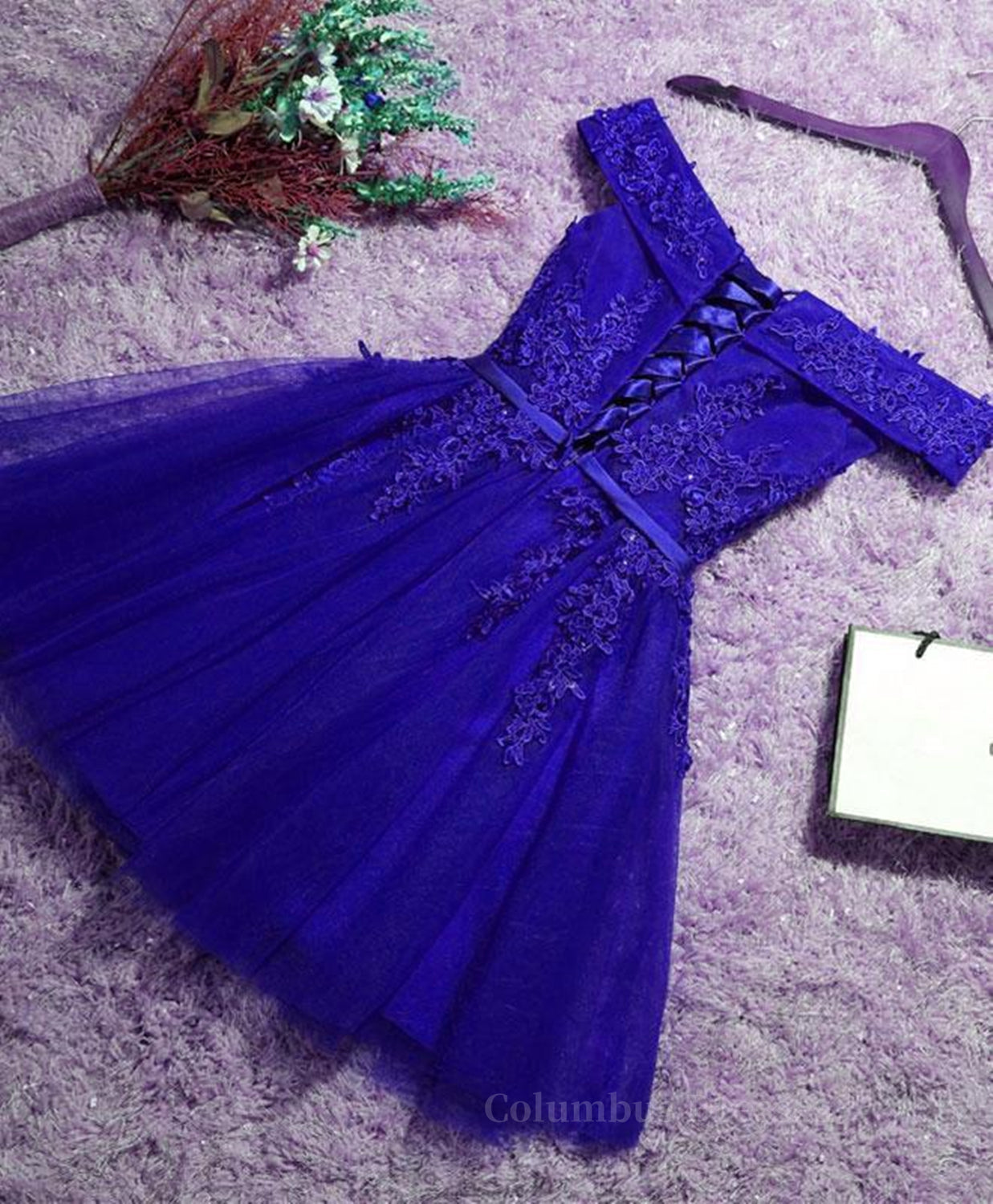 Formal Dresses For Teens, Off the Shoulder Blue Lace Prom Dresses, Off Shoulder Blue Homecoming Dresses, Short Blue Lace Formal Evening Dresses