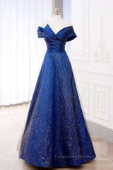 Prom Dress Glitter, Off the Shoulder Blue Long Prom Dresses, Off Shoulder Long Formal Evening Dresses