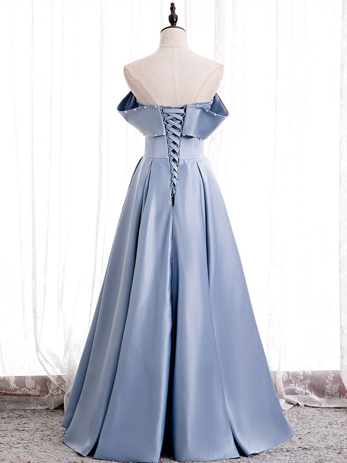 Party Dresses Christmas, Off the Shoulder Blue Satin Long Prom Dresses, Off Shoulder Blue Formal Evening Dresses