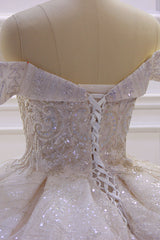 Wedding Dress Fits, Off the shoulder Champange Puffy ball Gown Sparkle Wedding Dress