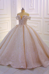 Wedding Dress Fit, Off the shoulder Champange Puffy ball Gown Sparkle Wedding Dress