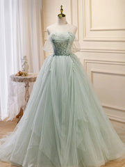 Bridesmaids Dresses Green, Off the Shoulder Green Tulle Long Prom Dresses, Green Off Shoulder Long Formal Evening Dresses