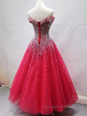 Homecoming Dresses Sage Green, Off the Shoulder Red Long Prom Gown, Off the Shoulder Red Beaded Formal Evening Dresses