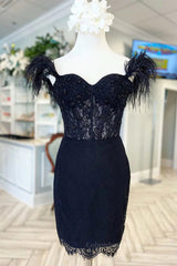 Bridesmaids Dresses For Beach Weddings, Off the Shoulder Short Black Lace Prom Dresses, Short Black Lace Formal Homecoming Dresses