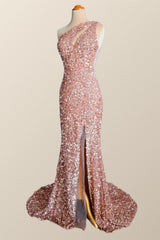 Girlie Dress, One Shoulder Rose Gold Sequin Mermaid Long Party Dress