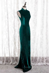 Formal Dresses For 43 Year Olds, Peacock High Neck Mermaid Sleeveless Velvet Long Formal Dress with Slit