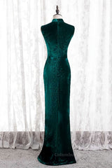 Formal Dresses For Wedding Guests, Peacock High Neck Mermaid Sleeveless Velvet Long Formal Dress with Slit