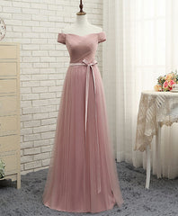 Formal Dress With Sleeves, Pink A LineTulle Off Shoulder Long Prom Dress, Evening Dress