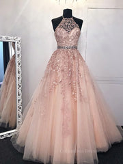 Formal Dresses Long Blue, Pink Halter Neck Lace Prom Dresses, Pink Halter Neck Long Lace Formal Evening Dresses