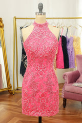 Pink Open Back Halter Lace Tight Homecoming Dress