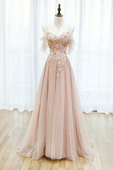 Formal Dress Australia, Pink Spaghetti Straps Lace Long Prom Dress, A-Line Evening Graduation Dress