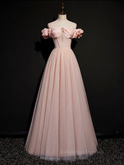 Party Dresses Classy Christmas, Pink tulle off shoulder long prom dress, pink tulle formal dress