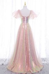 Evening Dress, Pink Tulle Sequins Long Prom Dress, Cute Short Sleeve Evening Dress