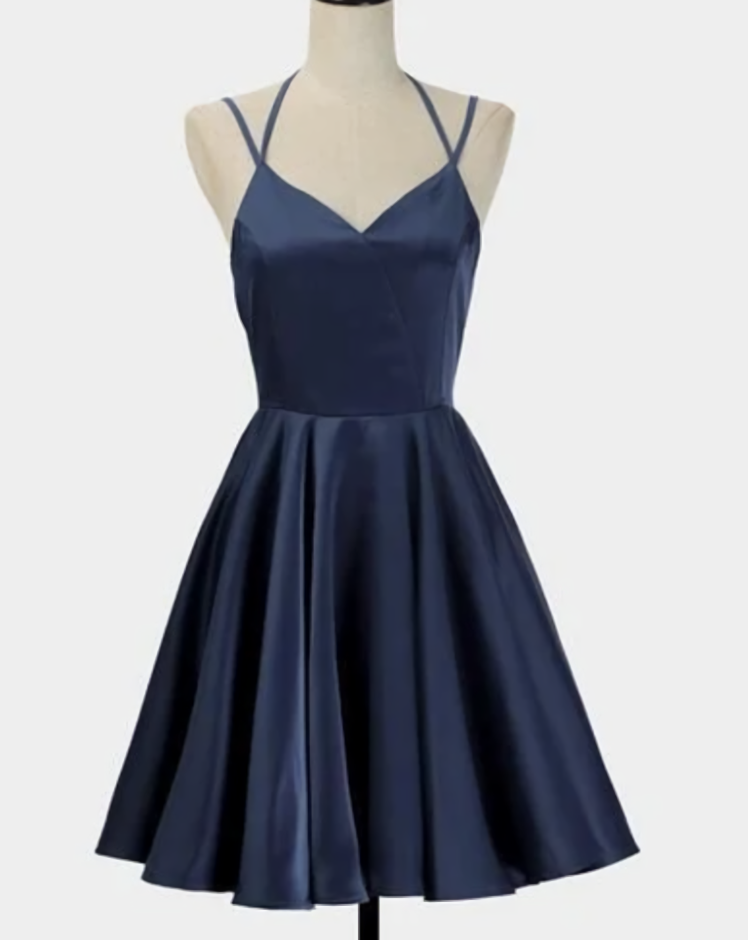 Party Dress For Teen, Spark Queen Simple Short Blue Sleeveless V Neck Mini Evening Dress, Women Dress, Satin Ruffles Spaghetti Straps Homecoming Dress